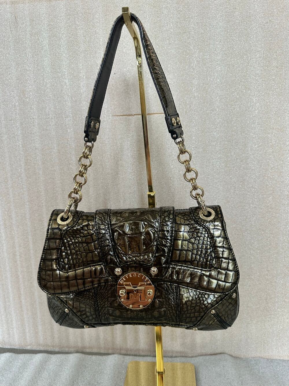 EUC Metrocity Italy Metallic Bronze Croc Embossed Leather Shoulder Bag Chain